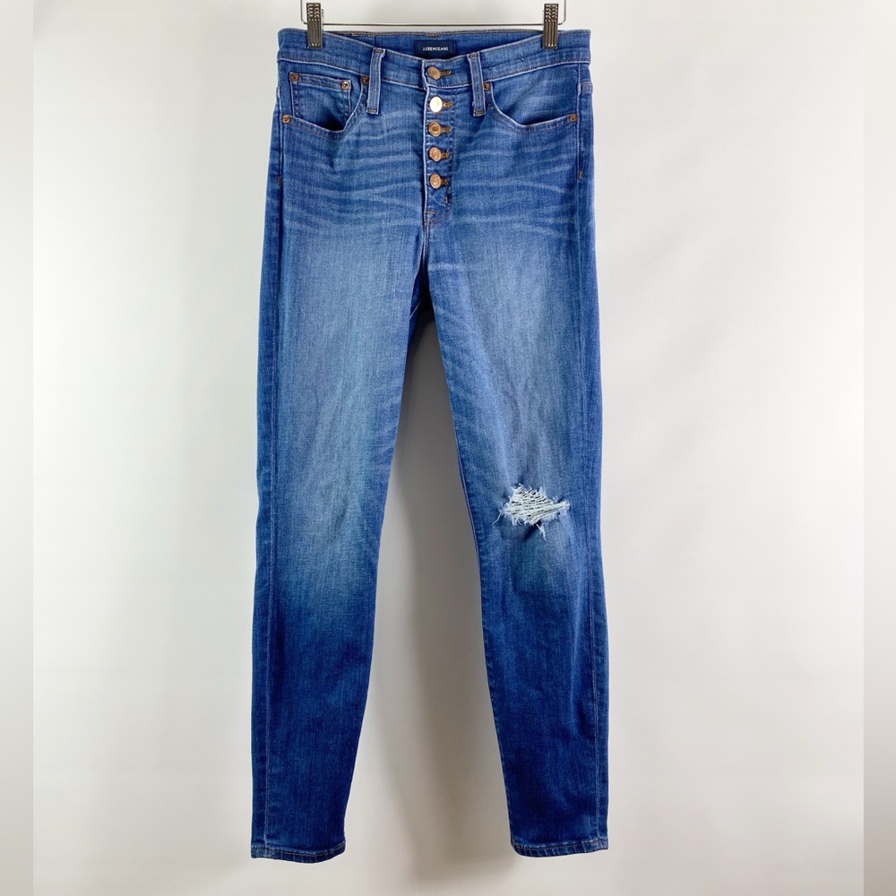 J Crew Button Fly Skinny Distressed Denim High Rise Toothpick Women Jeans Sz 28
